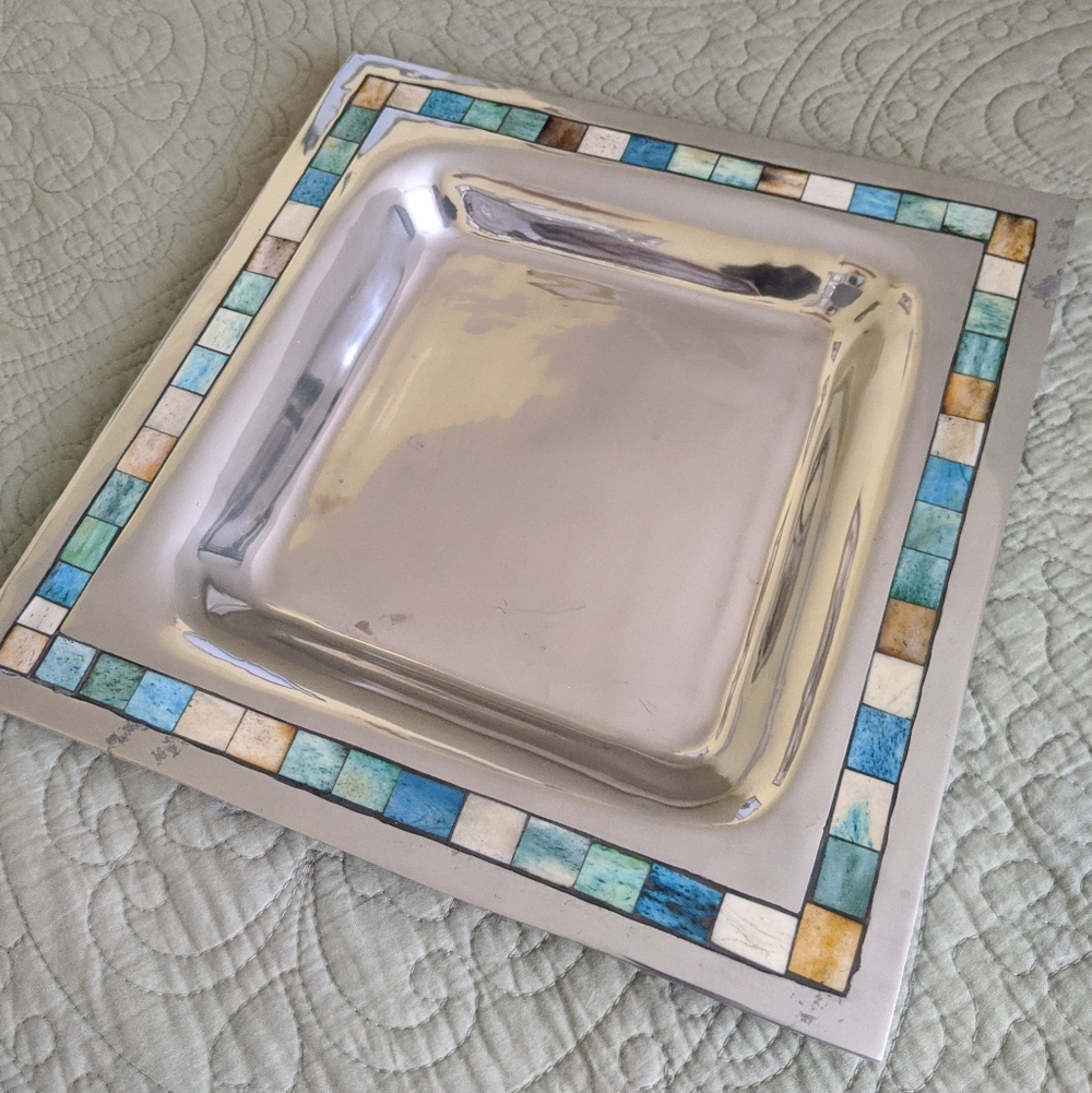 Towle Silversmiths 12" Square Serving Tray Platter With Mother Of Pearl Inlay